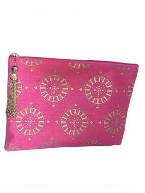 MUD PIE pink canvas clutch, gold block print pattern, zippered with metal tassel